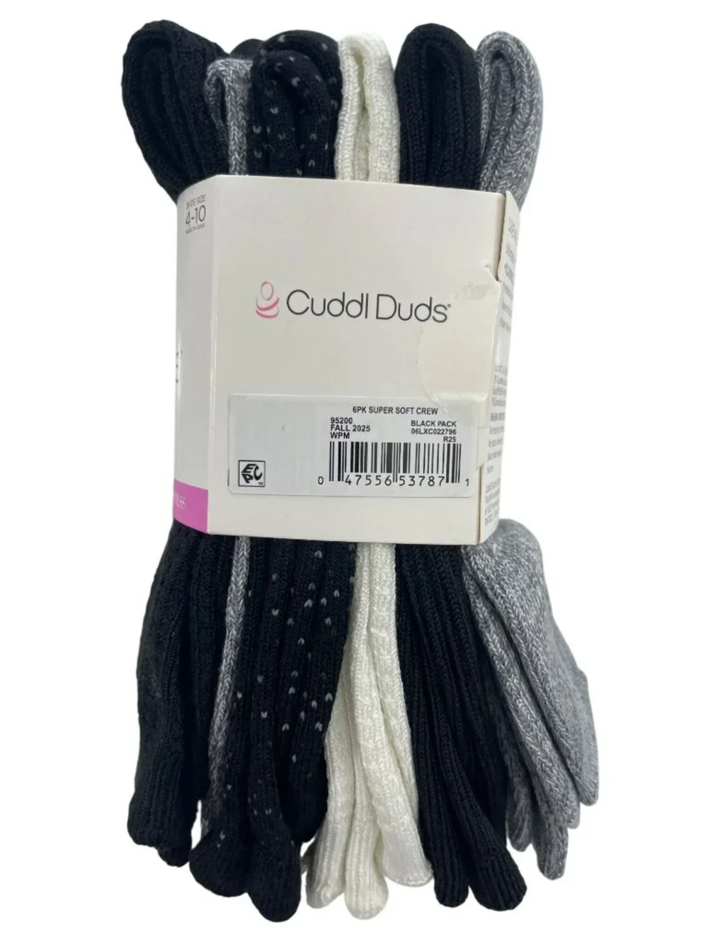 Cuddl Duds Socks 6-Pack Crew Plushfill Super Soft Shoe Black Gray Size 4-10 NWT